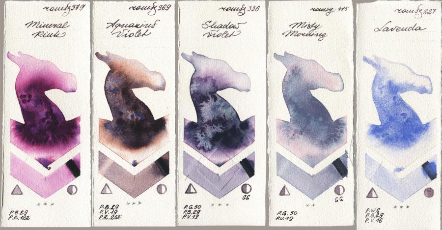 Roman Szmal Aquarius 379 Mineral Pink vs 369 Aquarius Violet vs 336 Shadow Violet vs 415 Misty Morning vs 227 Lavenda watercolor swatch