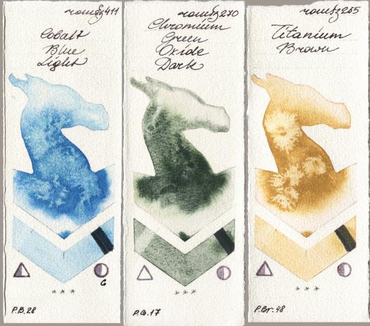 Roman Szmal Aquarius 411 Cobalt Blue Light vs 270 Chromium Green Oxide Dark vs 265 Titanium Brown watercolor swatch