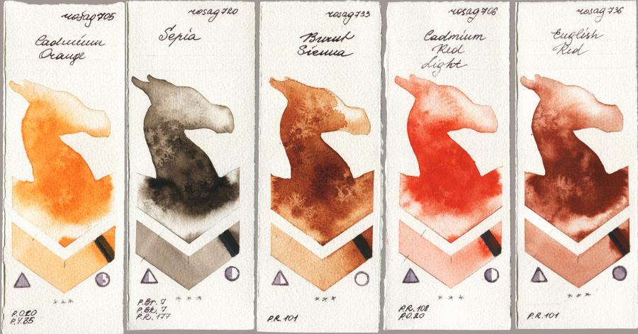 Rosa Gallery 705 Cadmium Orange vs 720 Sepia vs 733 Burnt Sienna vs 706 Cadmium Red Light vs 736 English Red watercolor swatch