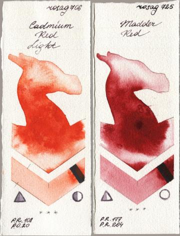 Rosa Gallery 706 Cadmium Red Light vs 725 Madder Red watercolor swatch
