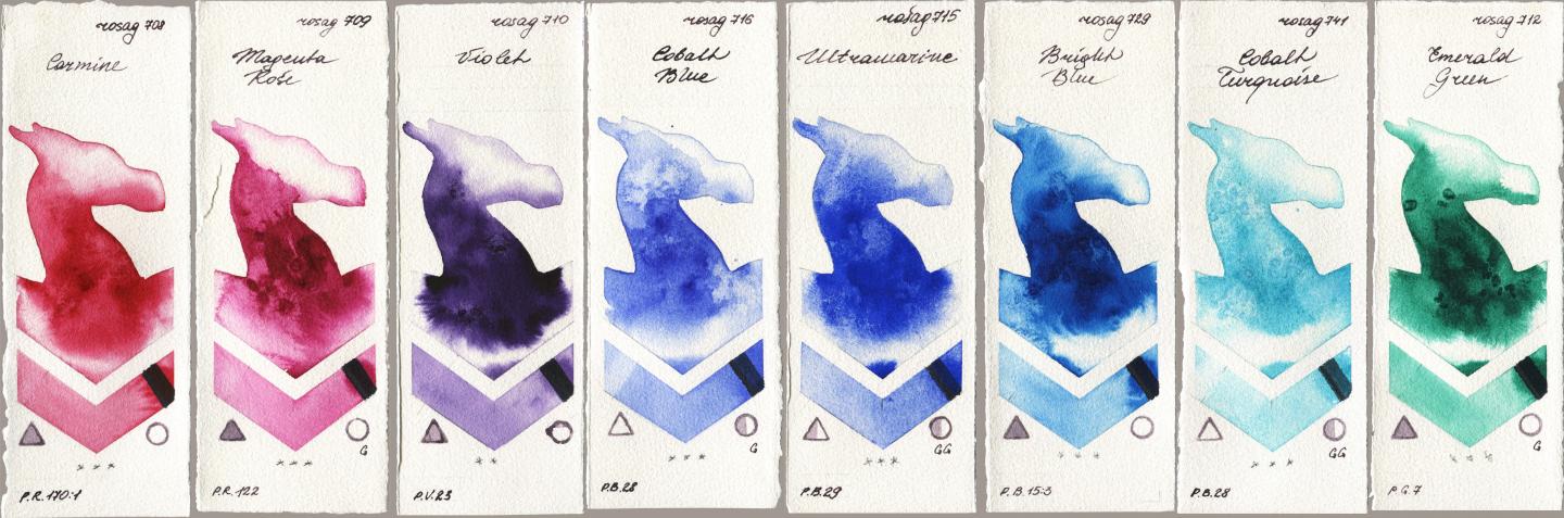 Rosa Gallery 708 Carmine, 709 Magenta Rose, 710 Violet, 716 Cobalt Blue, 715 Ultramarine, 729 Bright Blue, 741 Cobalt Turquoise, 712 Emerald Gre watercolor swatch