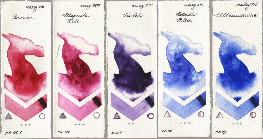 Rosa Gallery 708 Carmine vs 709 Magenta Rose vs 710 Violet vs 716 Cobalt Blue vs 715 Ultramarine watercolor swatch