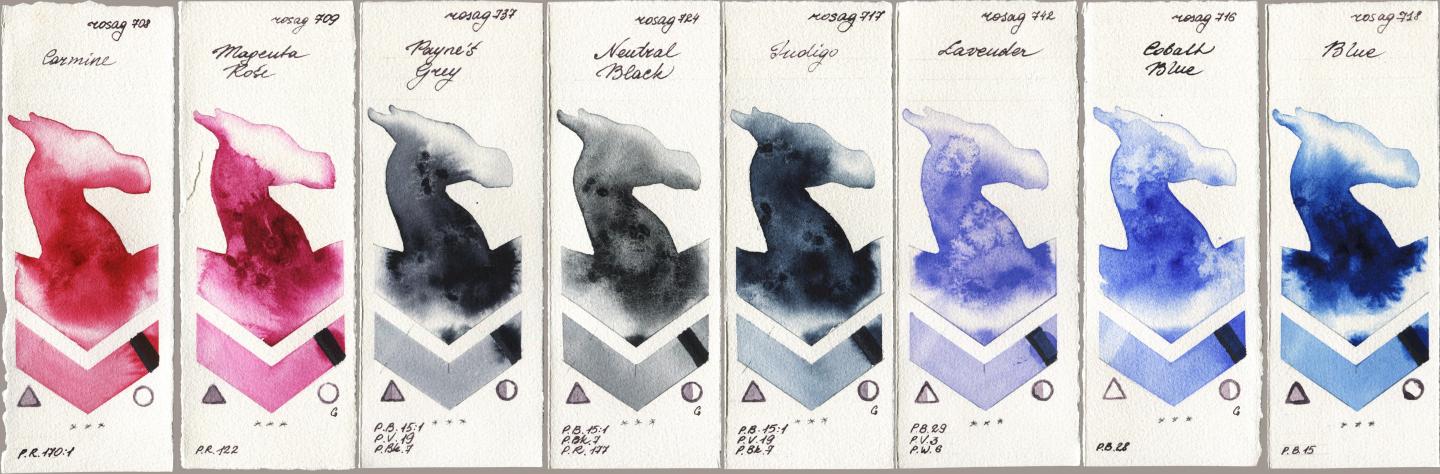 Rosa Gallery 708 Carmine, 709 Magenta Rose, 737 Paynes Grey, 724 Neutral Black, 717 Indigo, 742 Lavender, 716 Cobalt Blue, 718 Bl watercolor swatch