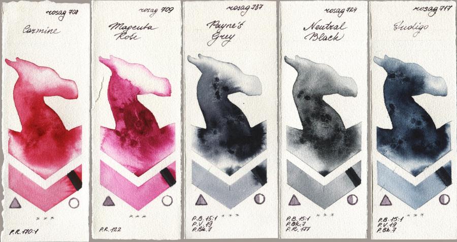 Rosa Gallery 708 Carmine vs 709 Magenta Rose vs 737 Paynes Grey vs 724 Neutral Black vs 717 Indigo watercolor swatch