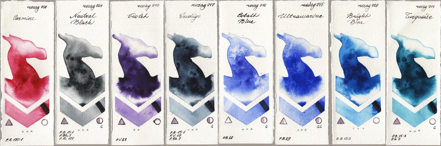 Rosa Gallery 708 Carmine, 724 Neutral Black, 710 Violet, 717 Indigo, 716 Cobalt Blue, 715 Ultramarine, 729 Bright Blue, 714 Turquoi watercolor swatch