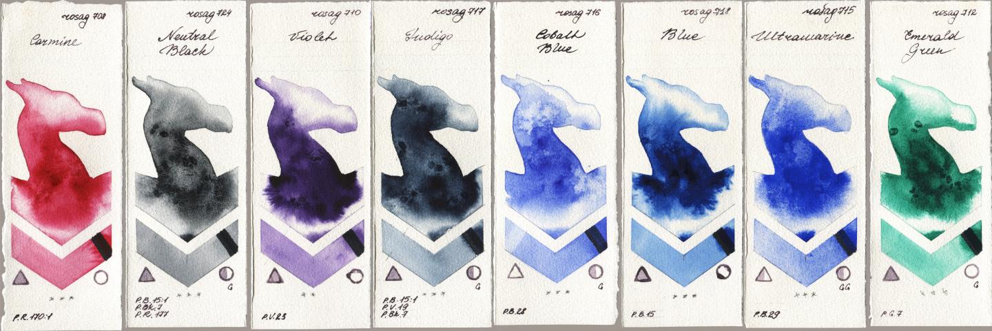 Rosa Gallery 708 Carmine, 724 Neutral Black, 710 Violet, 717 Indigo, 716 Cobalt Blue, 718 Blue, 715 Ultramarine, 712 Emerald Gre watercolor swatch