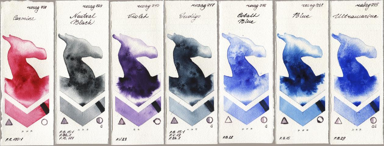 Rosa Gallery 708 Carmine, 724 Neutral Black, 710 Violet, 717 Indigo, 716 Cobalt Blue, 718 Blue, 715 Ultramari watercolor swatch