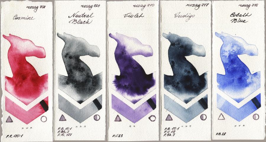 Rosa Gallery 708 Carmine vs 724 Neutral Black vs 710 Violet vs 717 Indigo vs 716 Cobalt Blue watercolor swatch