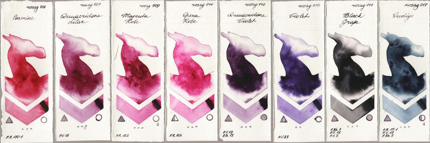 Rosa Gallery 708 Carmine, 727 Quinacridone Lilac, 709 Magenta Rose, 744 Opera Rose, 749 Quinacridone Violet, 710 Violet, 747 Black Grape, 717 Indi watercolor swatch