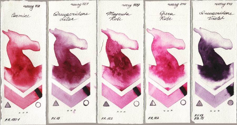 Rosa Gallery 708 Carmine vs 727 Quinacridone Lilac vs 709 Magenta Rose vs 744 Opera Rose vs 749 Quinacridone Violet watercolor swatch