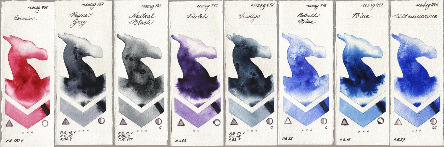Rosa Gallery 708 Carmine, 737 Paynes Grey, 724 Neutral Black, 710 Violet, 717 Indigo, 716 Cobalt Blue, 718 Blue, 715 Ultramari watercolor swatch