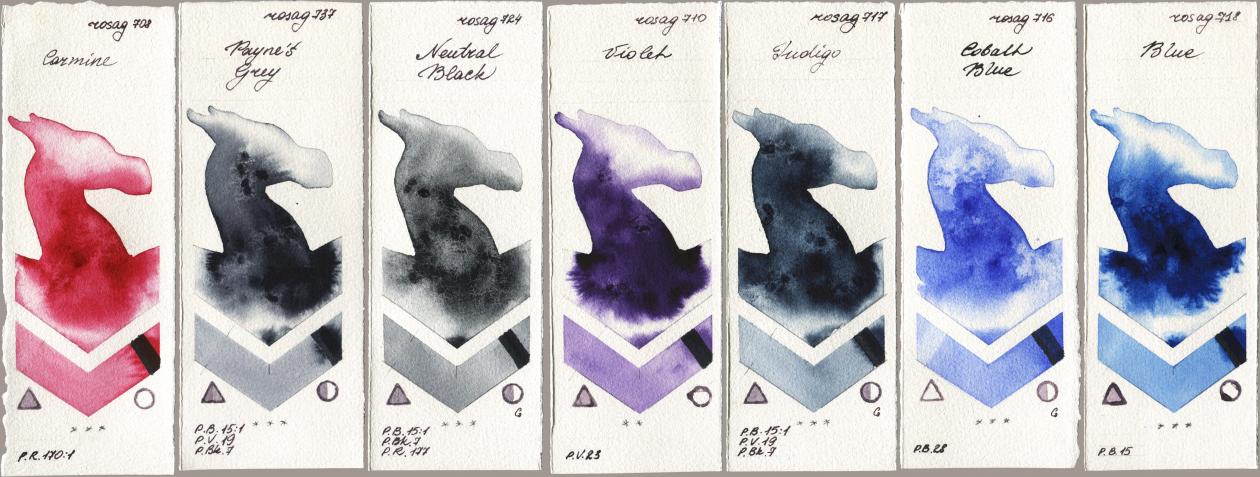 Rosa Gallery 708 Carmine, 737 Paynes Grey, 724 Neutral Black, 710 Violet, 717 Indigo, 716 Cobalt Blue, 718 Bl watercolor swatch