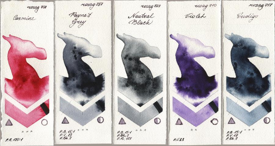 Rosa Gallery 708 Carmine vs 737 Paynes Grey vs 724 Neutral Black vs 710 Violet vs 717 Indigo watercolor swatch