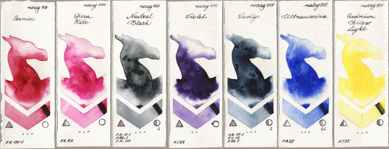 Rosa Gallery 708 Carmine, 744 Opera Rose, 724 Neutral Black, 710 Violet, 717 Indigo, 715 Ultramarine, 731 Cadmium Yellow Lig watercolor swatch