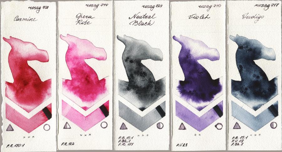 Rosa Gallery 708 Carmine vs 744 Opera Rose vs 724 Neutral Black vs 710 Violet vs 717 Indigo watercolor swatch