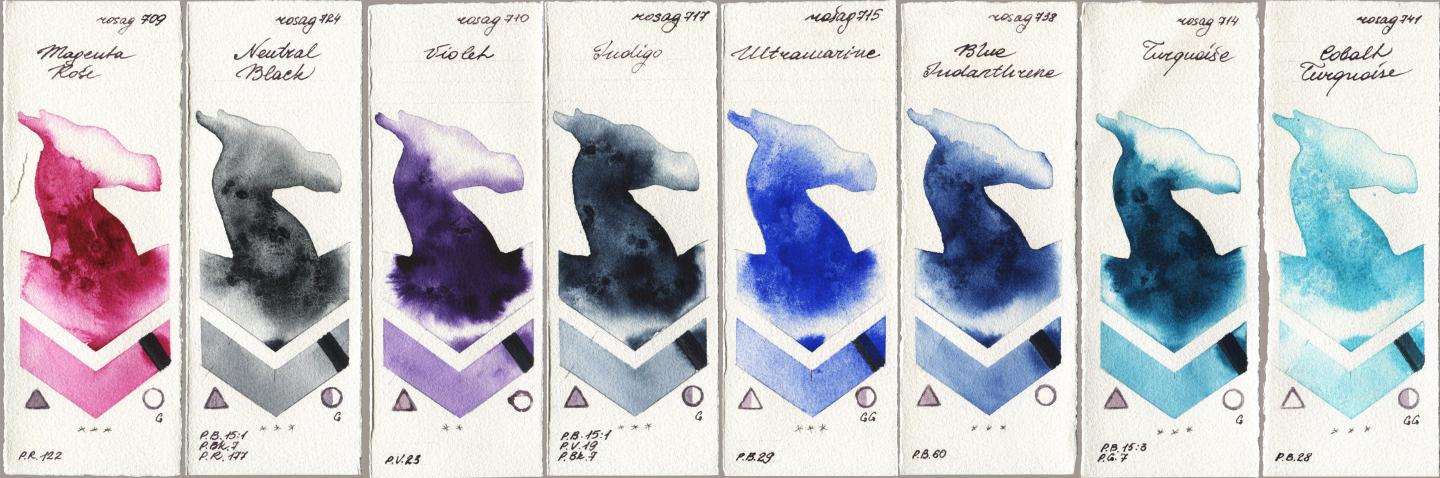 Rosa Gallery 709 Magenta Rose, 724 Neutral Black, 710 Violet, 717 Indigo, 715 Ultramarine, 738 Blue Indanthrene, 714 Turquoise, 741 Cobalt Turquoi watercolor swatch