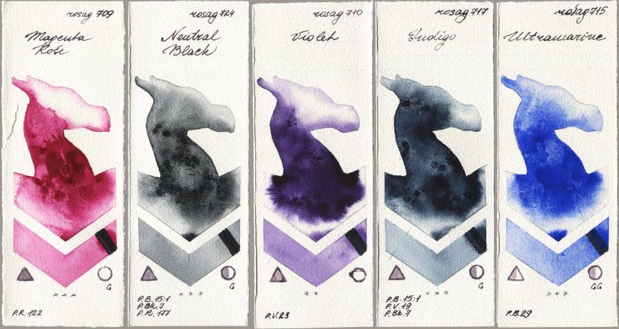 Rosa Gallery 709 Magenta Rose, 724 Neutral Black, 710 Violet, 717 Indigo, 715 Ultramari watercolor swatch