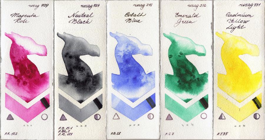 Rosa Gallery 709 Magenta Rose vs 724 Neutral Black vs 716 Cobalt Blue vs 712 Emerald Green vs 731 Cadmium Yellow Light watercolor swatch