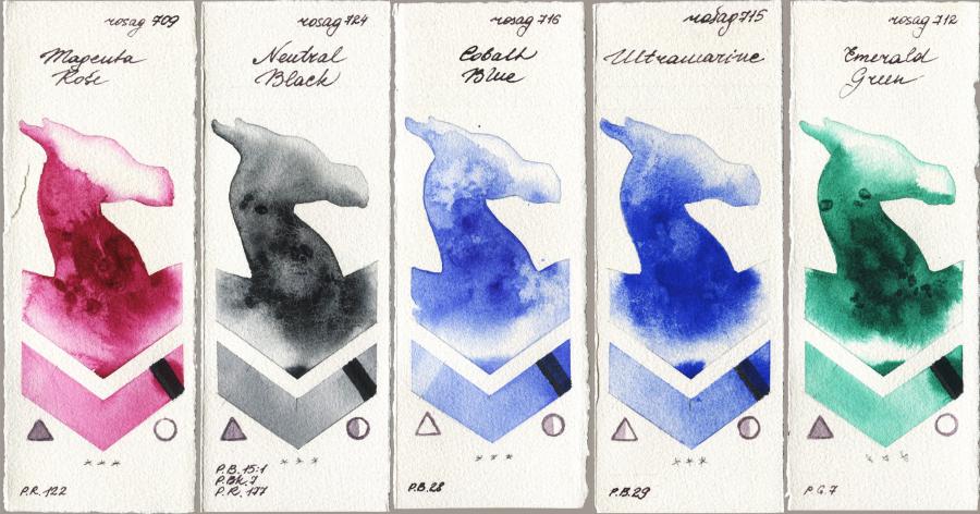 Rosa Gallery 709 Magenta Rose vs 724 Neutral Black vs 716 Cobalt Blue vs 715 Ultramarine vs 712 Emerald Green watercolor swatch