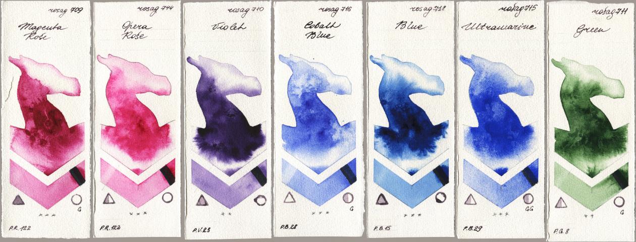 Rosa Gallery 709 Magenta Rose, 744 Opera Rose, 710 Violet, 716 Cobalt Blue, 718 Blue, 715 Ultramarine, 711 Gre watercolor swatch