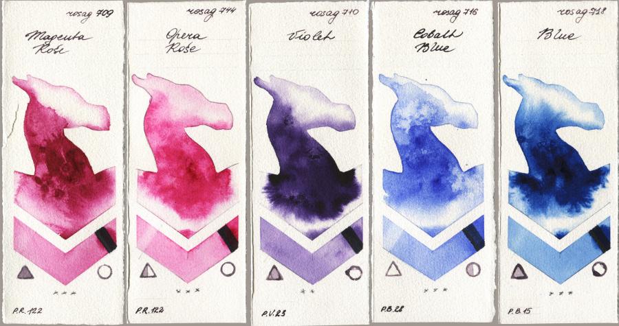 Rosa Gallery 709 Magenta Rose vs 744 Opera Rose vs 710 Violet vs 716 Cobalt Blue vs 718 Blue watercolor swatch