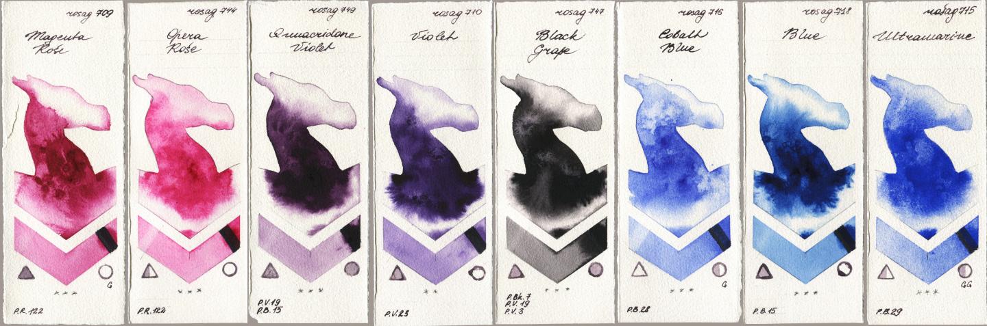 Rosa Gallery 709 Magenta Rose, 744 Opera Rose, 749 Quinacridone Violet, 710 Violet, 747 Black Grape, 716 Cobalt Blue, 718 Blue, 715 Ultramari watercolor swatch