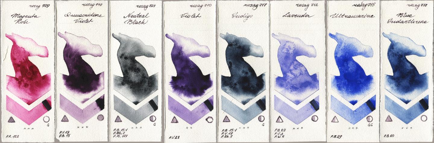 Rosa Gallery 709 Magenta Rose, 749 Quinacridone Violet, 724 Neutral Black, 710 Violet, 717 Indigo, 742 Lavender, 715 Ultramarine, 738 Blue Indanthre watercolor swatch