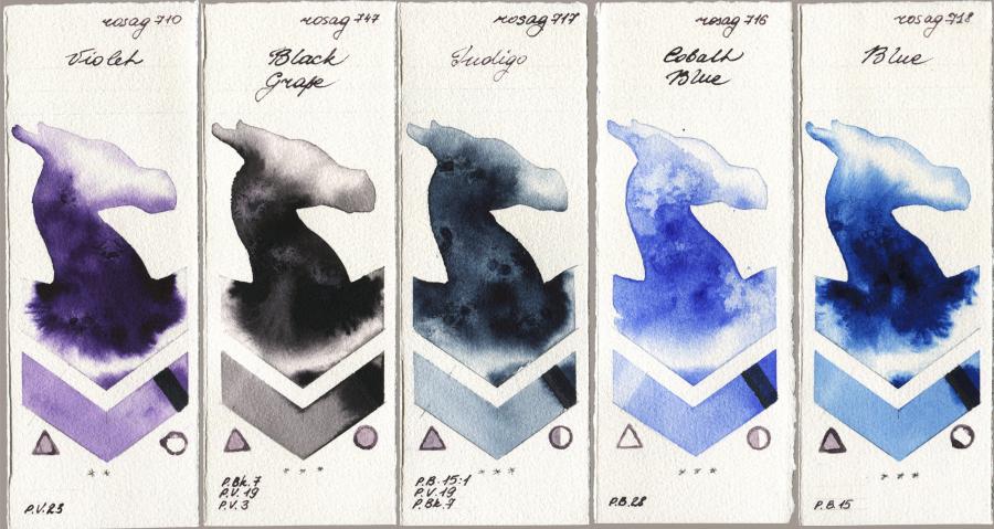 Rosa Gallery 710 Violet vs 747 Black Grape vs 717 Indigo vs 716 Cobalt Blue vs 718 Blue watercolor swatch