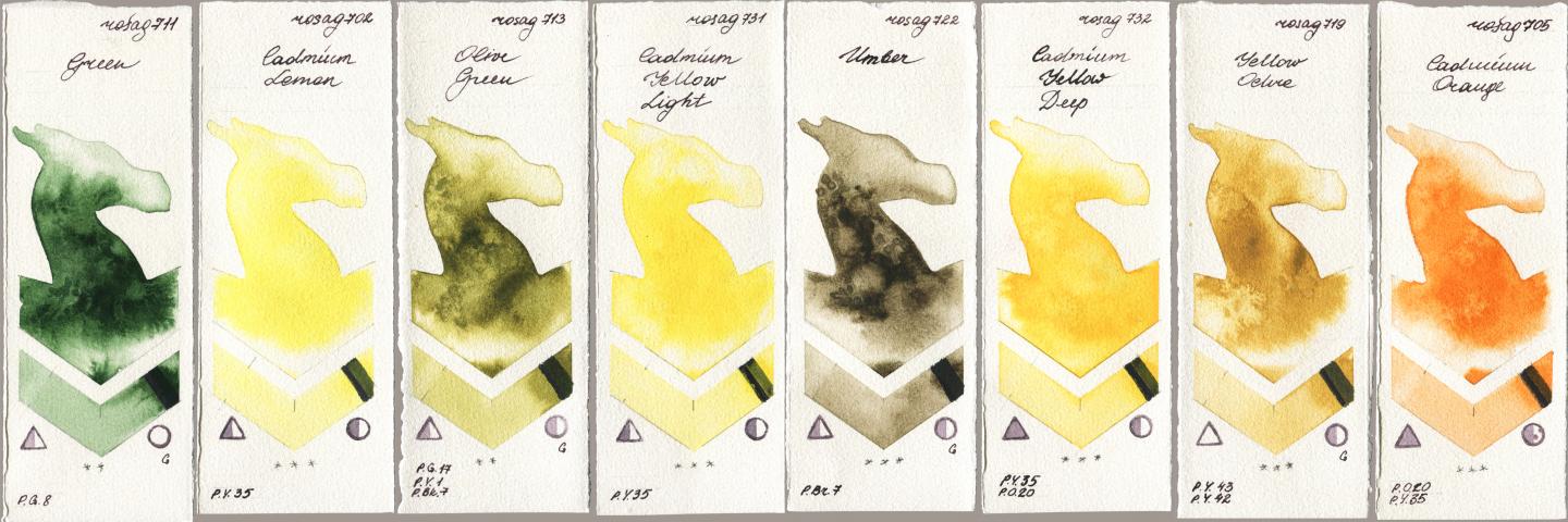 Rosa Gallery 711 Green, 702 Cadmium Lemon, 713 Olive Green, 731 Cadmium Yellow Light, 722 Umber, 732 Cadmium Yellow Deep, 719 Yellow Ochre, 705 Cadmium Oran watercolor swatch