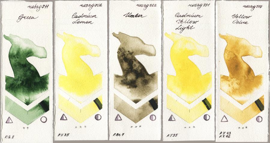 Rosa Gallery 711 Green vs 702 Cadmium Lemon vs 722 Umber vs 731 Cadmium Yellow Light vs 719 Yellow Ochre watercolor swatch