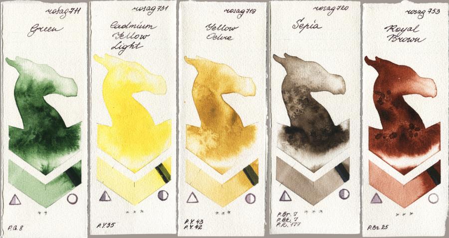 Rosa Gallery 711 Green vs 731 Cadmium Yellow Light vs 719 Yellow Ochre vs 720 Sepia vs 753 Royal Brown watercolor swatch