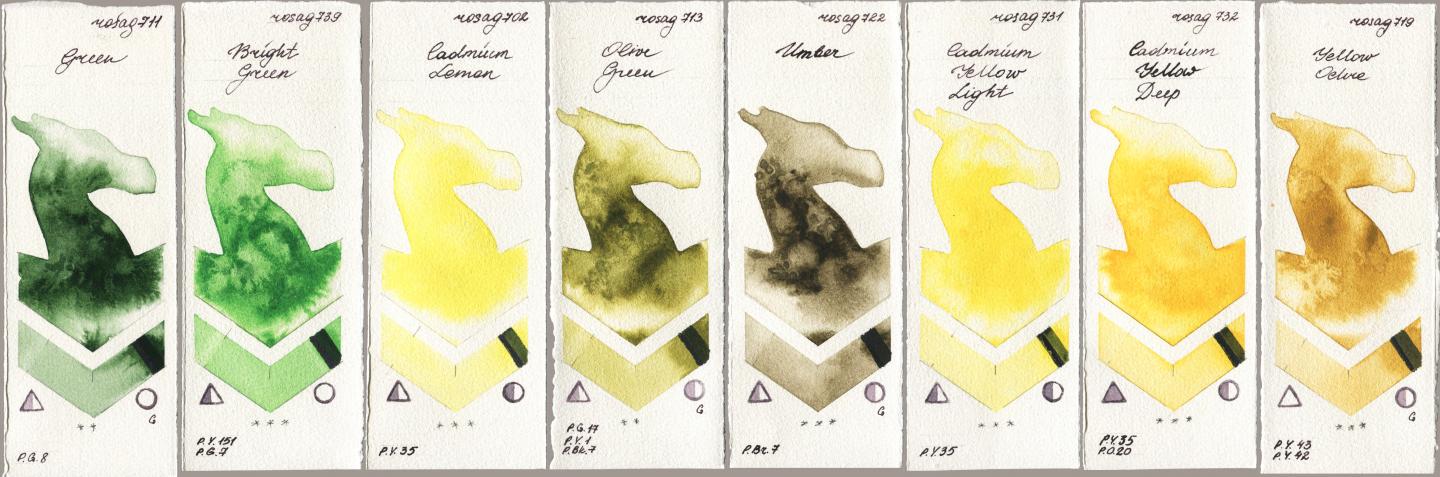 Rosa Gallery 711 Green, 739 Bright Green, 702 Cadmium Lemon, 713 Olive Green, 722 Umber, 731 Cadmium Yellow Light, 732 Cadmium Yellow Deep, 719 Yellow Och watercolor swatch