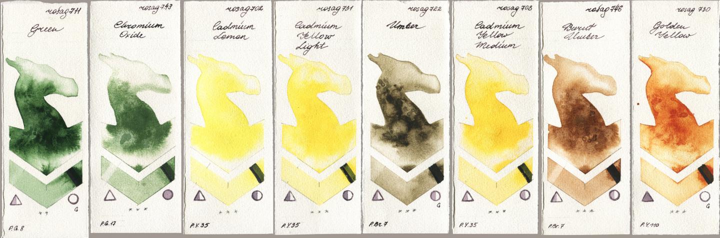Rosa Gallery 711 Green, 743 Chromium Oxide, 702 Cadmium Lemon, 731 Cadmium Yellow Light, 722 Umber, 703 Cadmium Yellow Medium, 746 Burnt Umber, 730 Golden Yell watercolor swatch