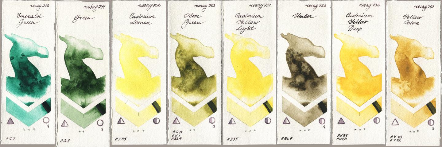 Rosa Gallery 712 Emerald Green, 711 Green, 702 Cadmium Lemon, 713 Olive Green, 731 Cadmium Yellow Light, 722 Umber, 732 Cadmium Yellow Deep, 719 Yellow Och watercolor swatch