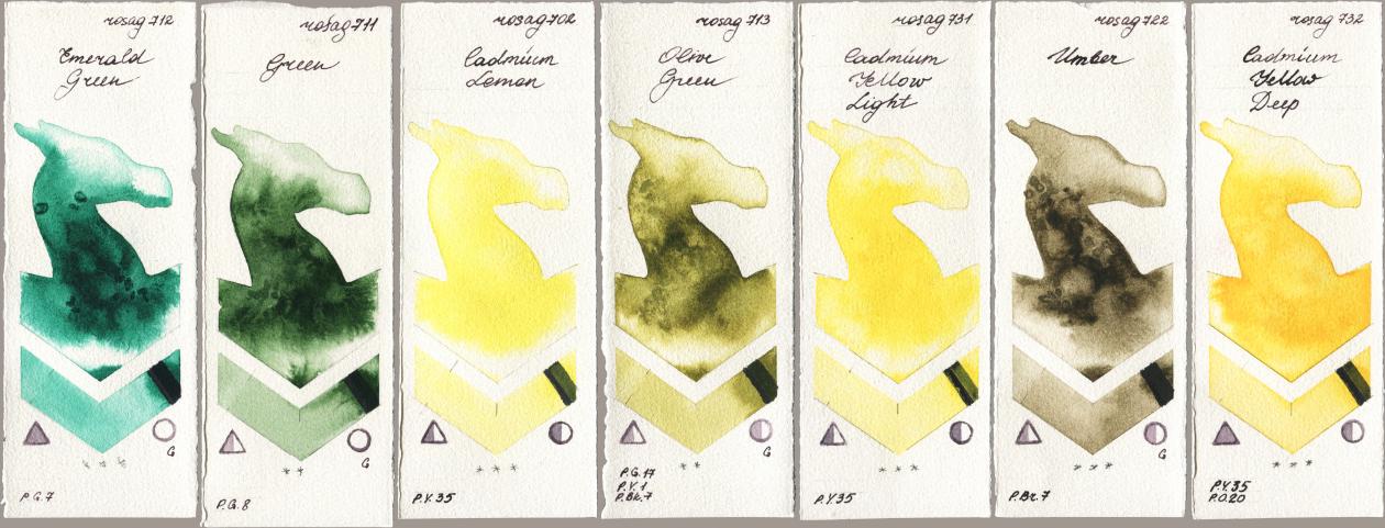 Rosa Gallery 712 Emerald Green, 711 Green, 702 Cadmium Lemon, 713 Olive Green, 731 Cadmium Yellow Light, 722 Umber, 732 Cadmium Yellow De watercolor swatch