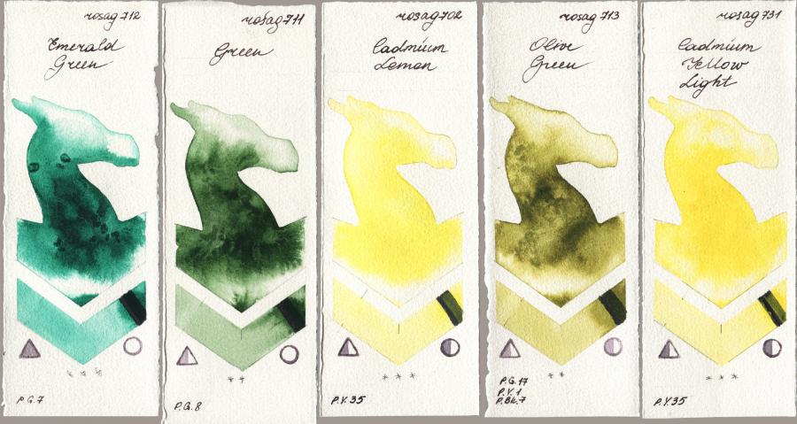 Rosa Gallery 712 Emerald Green vs 711 Green vs 702 Cadmium Lemon vs 713 Olive Green vs 731 Cadmium Yellow Light watercolor swatch