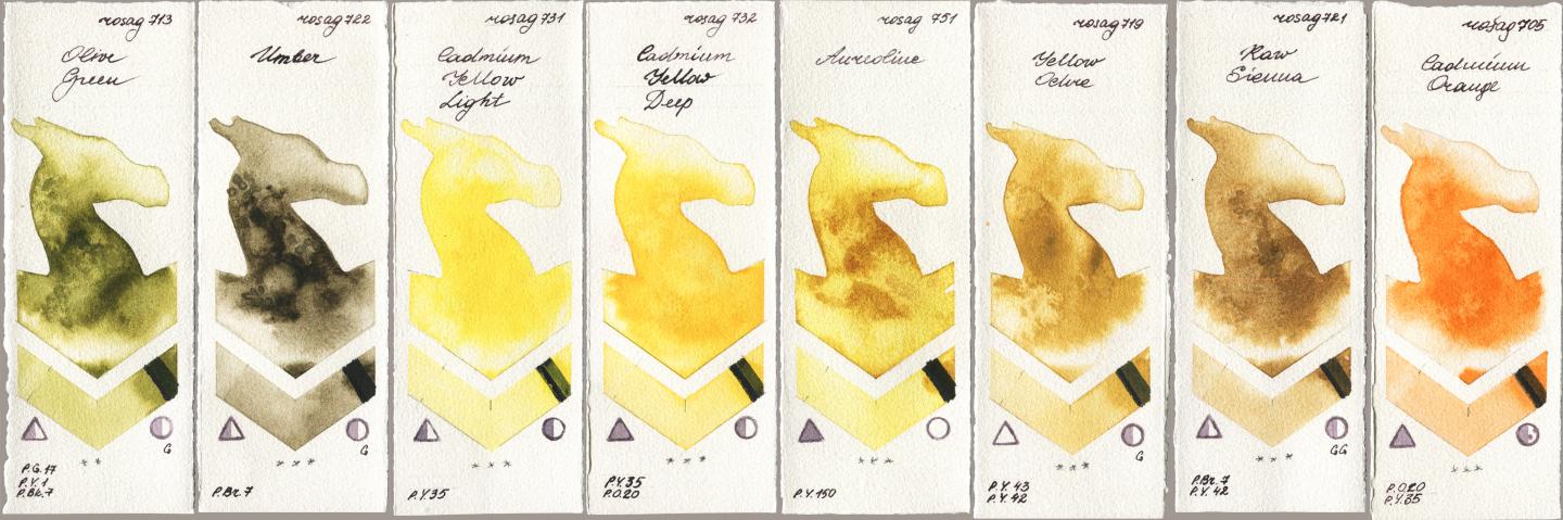Rosa Gallery 713 Olive Green, 722 Umber, 731 Cadmium Yellow Light, 732 Cadmium Yellow Deep, 751 Aureoline, 719 Yellow Ochre, 721 Raw Sienna, 705 Cadmium Oran watercolor swatch