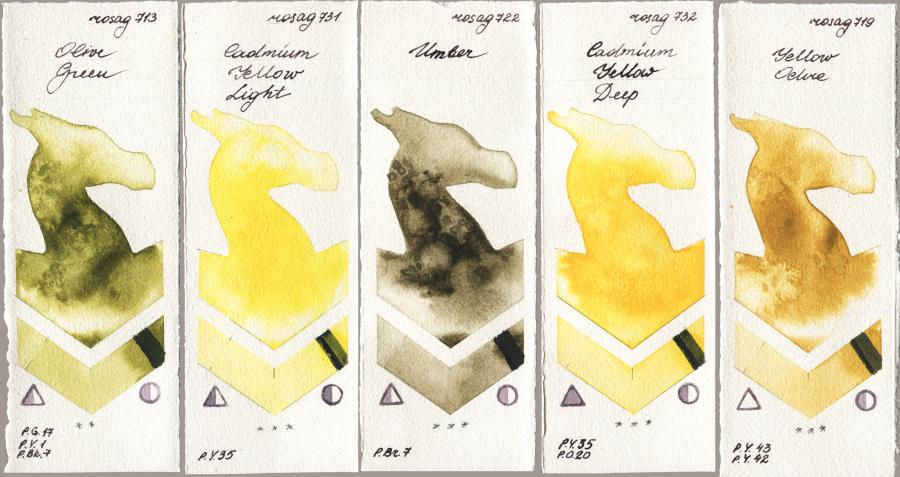 Rosa Gallery 713 Olive Green vs 731 Cadmium Yellow Light vs 722 Umber vs 732 Cadmium Yellow Deep vs 719 Yellow Ochre watercolor swatch
