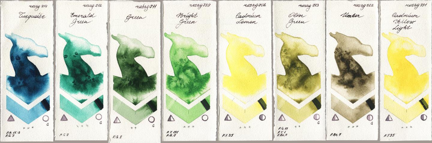 Rosa Gallery 714 Turquoise, 712 Emerald Green, 711 Green, 739 Bright Green, 702 Cadmium Lemon, 713 Olive Green, 722 Umber, 731 Cadmium Yellow Lig watercolor swatch