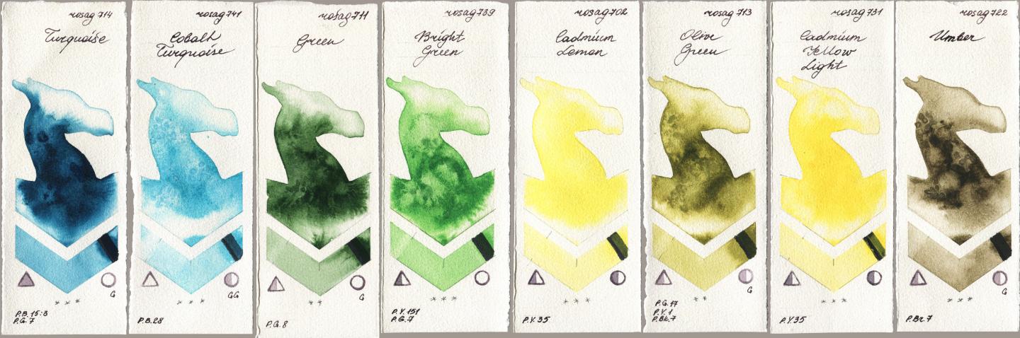 Rosa Gallery 714 Turquoise, 741 Cobalt Turquoise, 711 Green, 739 Bright Green, 702 Cadmium Lemon, 713 Olive Green, 731 Cadmium Yellow Light, 722 Umb watercolor swatch