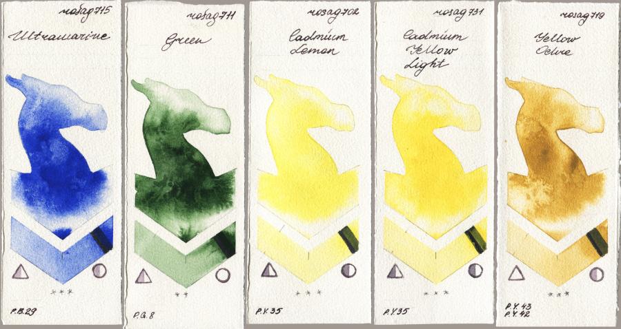 Rosa Gallery 715 Ultramarine vs 711 Green vs 702 Cadmium Lemon vs 731 Cadmium Yellow Light vs 719 Yellow Ochre watercolor swatch