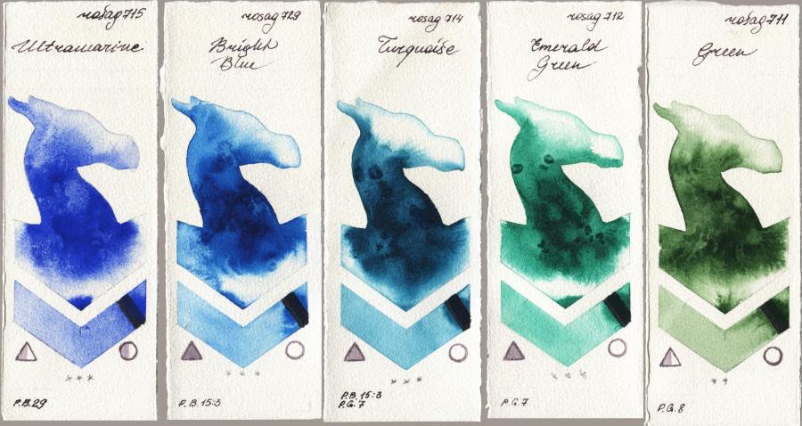 Rosa Gallery 715 Ultramarine vs 729 Bright Blue vs 714 Turquiose vs 712 Emerald Green vs 711 Green watercolor swatch