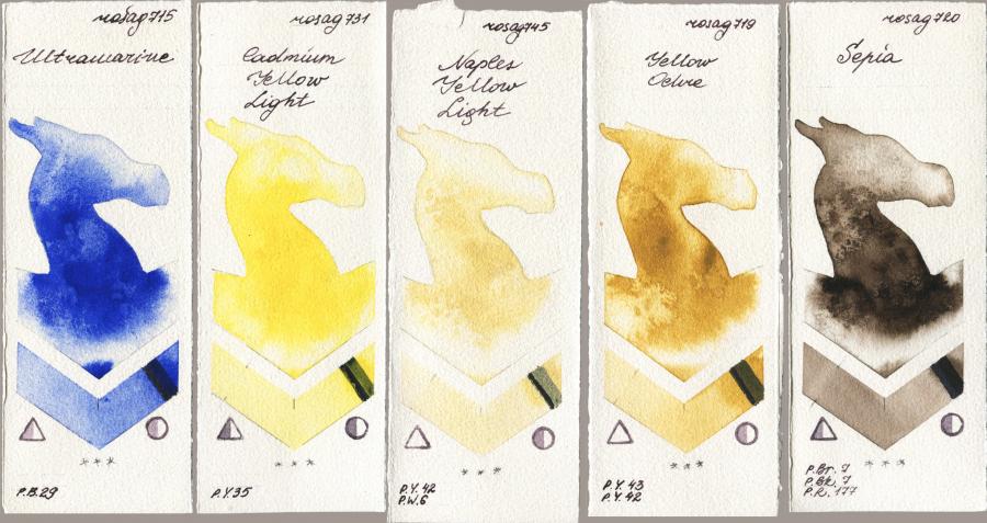 Rosa Gallery 715 Ultramarine vs 731 Cadmium Yellow Light vs 745 Naples Yellow Light vs 719 Yellow Ochre vs 720 Sepia watercolor swatch