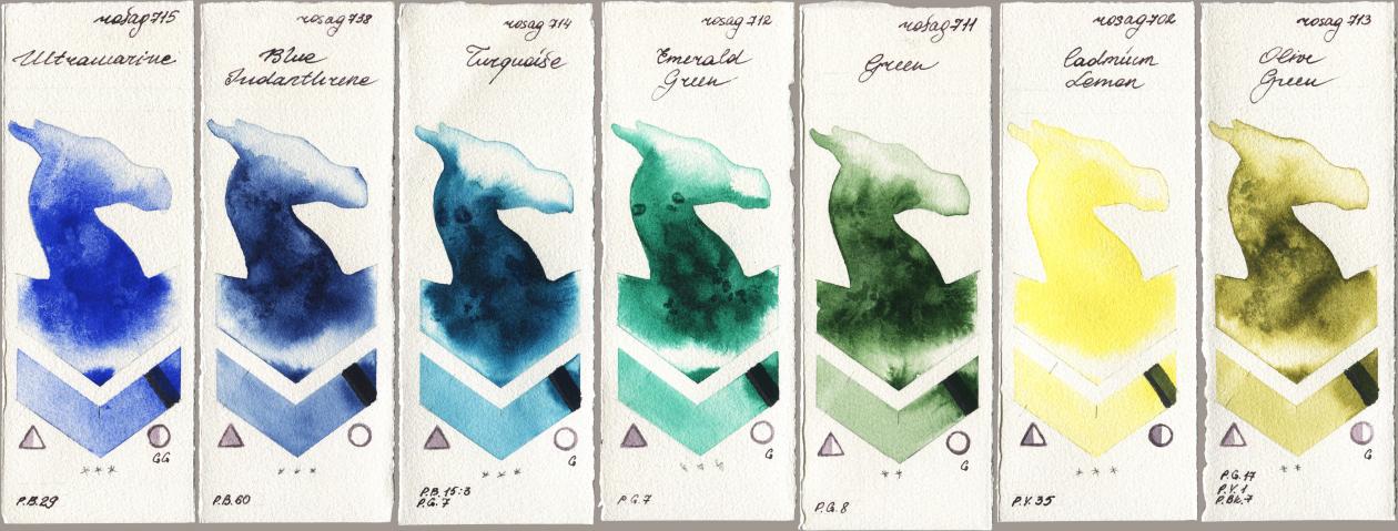 Rosa Gallery 715 Ultramarine, 738 Blue Indanthrene, 714 Turquoise, 712 Emerald Green, 711 Green, 702 Cadmium Lemon, 713 Olive Gre watercolor swatch