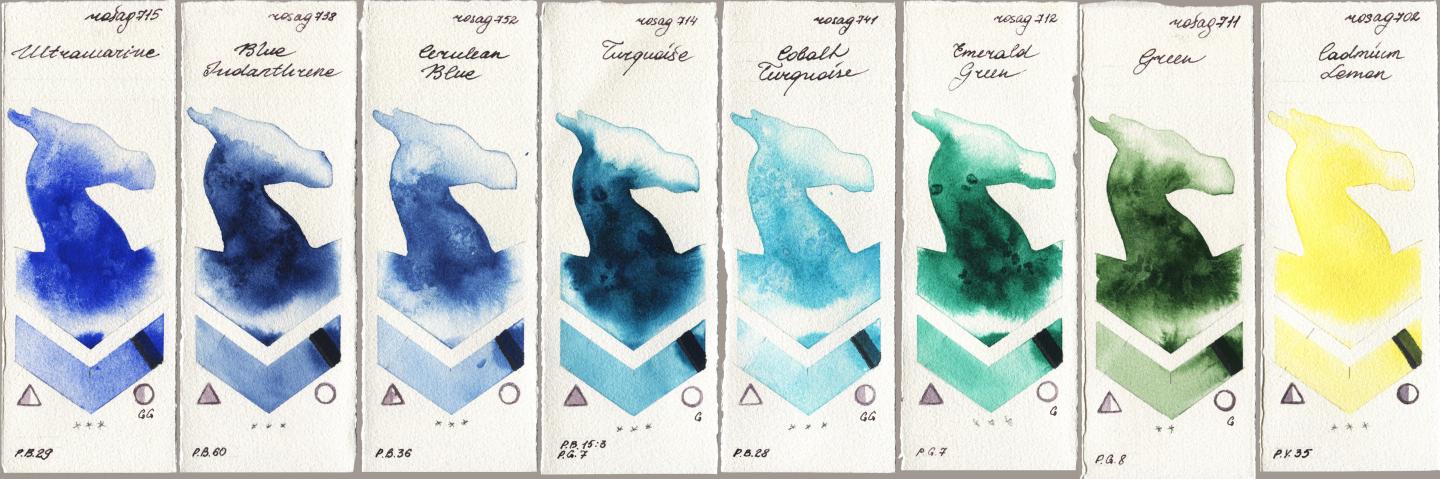 Rosa Gallery 715 Ultramarine, 738 Blue Indanthrene, 752 Cerulean Blue, 714 Turquoise, 741 Cobalt Turquoise, 712 Emerald Green, 711 Green, 702 Cadmium Lem watercolor swatch