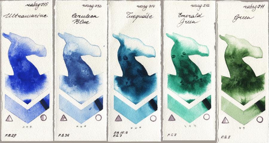 Rosa Gallery 715 Ultramarine vs 752 Cerulean Blue vs 714 Turquiose vs 712 Emerald Green vs 711 Green watercolor swatch