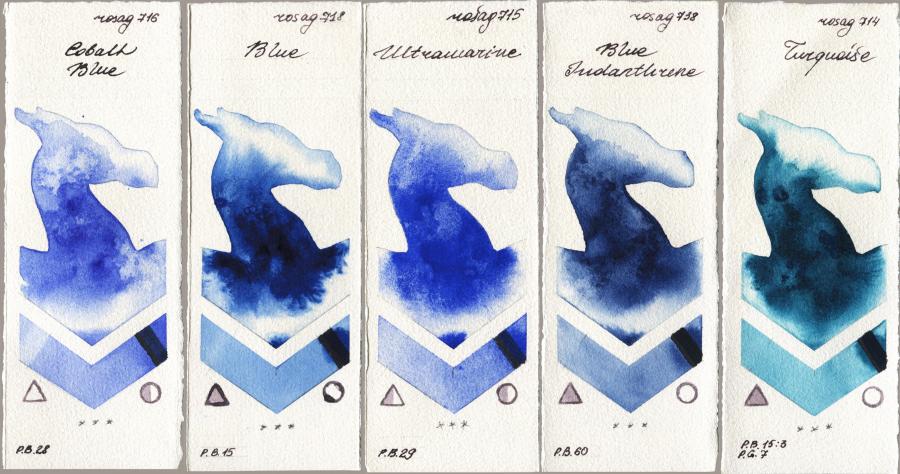 Rosa Gallery 716 Cobalt Blue vs 718 Blue vs 715 Ultramarine vs 738 Blue Indanthrone vs 714 Turquiose watercolor swatch