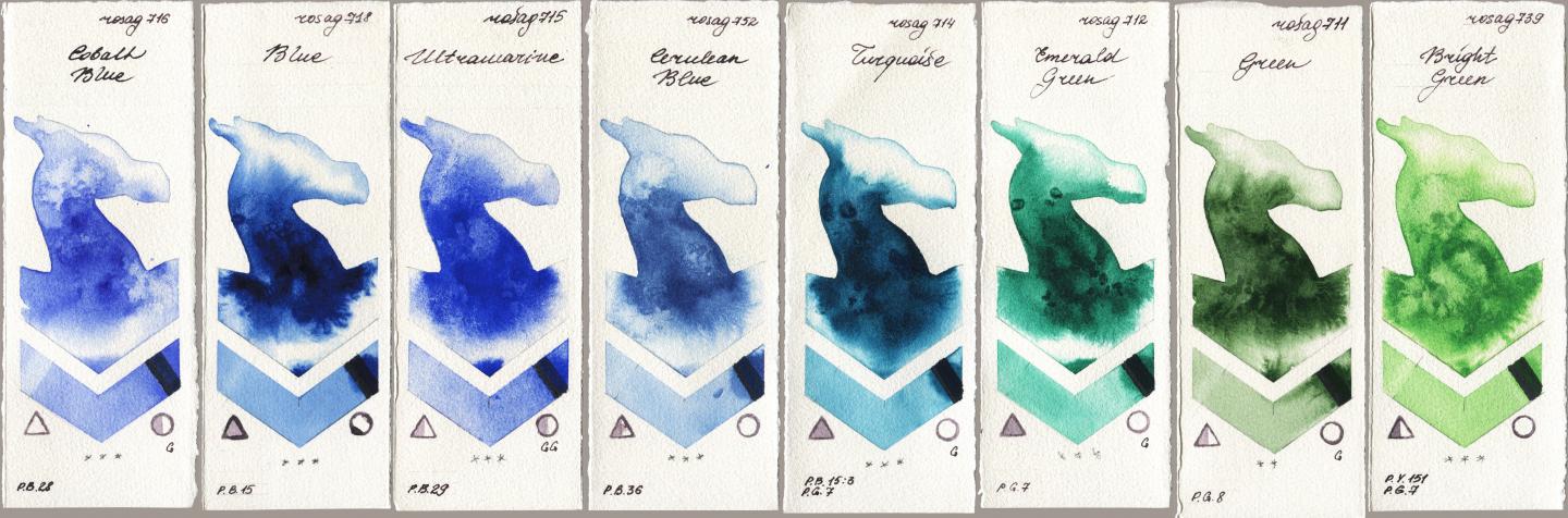 Rosa Gallery 716 Cobalt Blue, 718 Blue, 715 Ultramarine, 752 Cerulean Blue, 714 Turquoise, 712 Emerald Green, 711 Green, 739 Bright Gre watercolor swatch