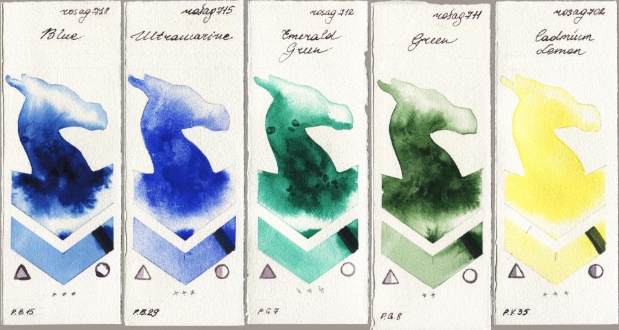 Rosa Gallery 718 Blue vs 715 Ultramarine vs 712 Emerald Green vs 711 Green vs 702 Cadmium Lemon watercolor swatch