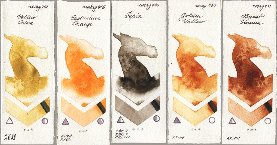 Rosa Gallery 719 Yellow Ochre vs 705 Cadmium Orange vs 720 Sepia vs 730 Golden Yellow vs 733 Burnt Sienna watercolor swatch